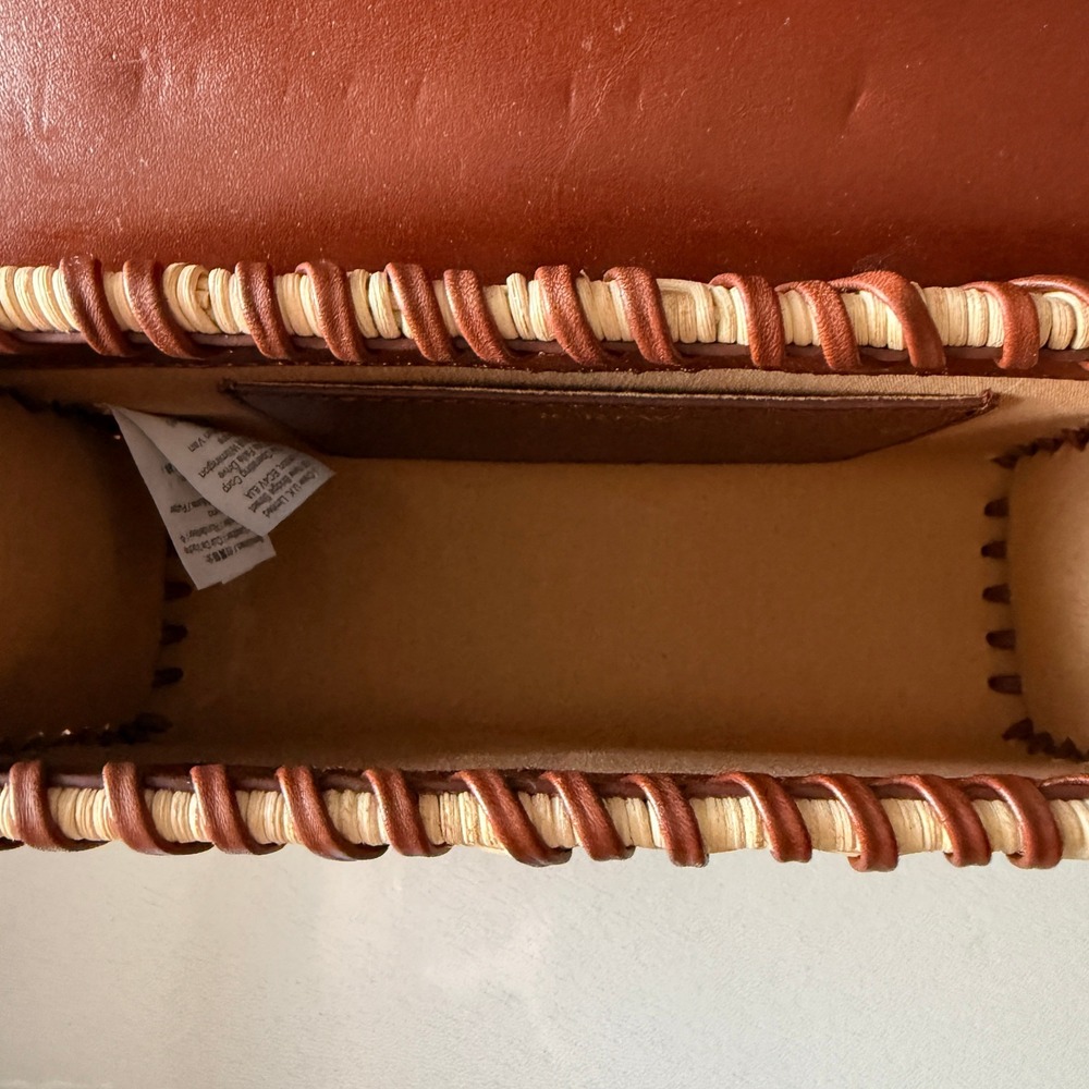 J.Crew Leather and Wicker Mini Satchel Crossbody Bag Brown Tan Whipstitch - Picture 7 of 7